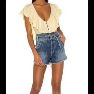 Free People We The Free Women's See You Sometime Paper Bag Jean Shorts Blue MED